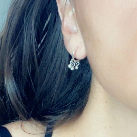 Sterling Silver Huggie Hoop Earrings with Pearl Drop​ - Picture 7 of 9